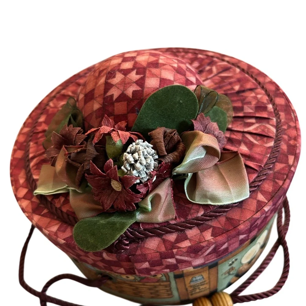 Vintage Fabric Covered Hat Box Shape Sewing Basket Organizer with Floral Accent